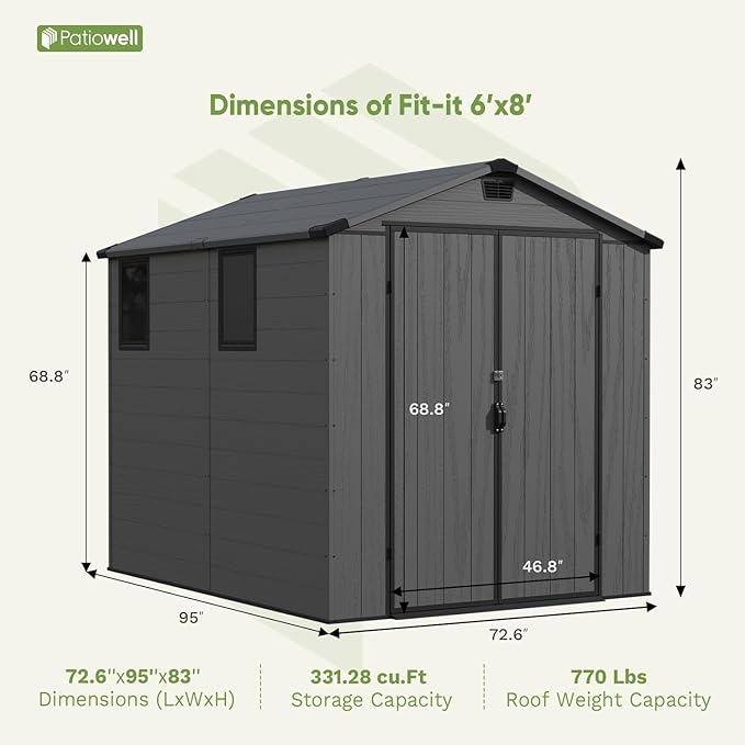 Patiowell 6 x 8 FT Plastic Outdoor Storage Shed with Floor - Weatherproof Resin Tool Shed, Lockable Door & 2 Windows, Easy Assembly for Garden, Backyard, Lawn Equipment (Dark Grey)