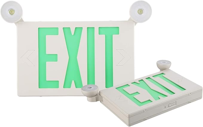 SPECTSUN LED Exit Sign Battery Backup, Green Exit Emergency Light with 2 Lamp Heads, Fire Exit Sign with Emergency Lights, Hardwired Exit Sign - 2 Pack, 120V Exit Sign, Commercial Emergency Exit Sign