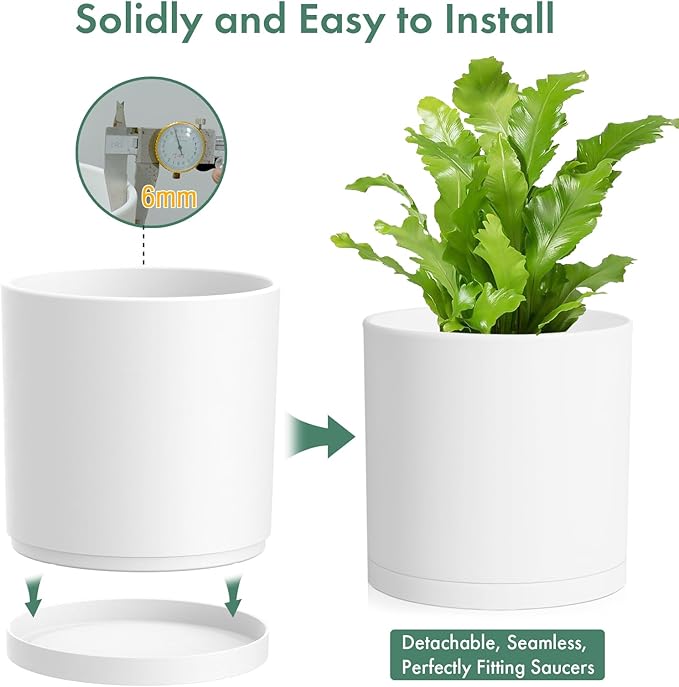 Cylinder 8 inch Plant Pots, Mordern Plastic Planters with Drainage Holes and Saucers for Indoor Outdoor Plants Flowers, White