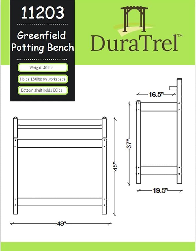 DuraTrel Greenfield PVC Vinyl Indoor Outdoor Table Potting Bench Station with Shelf for Plant Accessories & Gardening Supplies Storage, White
