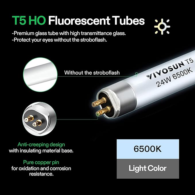 VIVOSUN T5 Grow Light Bulbs 2 Ft 22 Inches, 24W 6500K HO Fluorescent Tubes Light Bulbs, Cool White T5 Bulb for 22 Inches T5 Light Fixtures, T5 Grow Lights for Indoor Plants, 2 Ft 24W Pack of 5