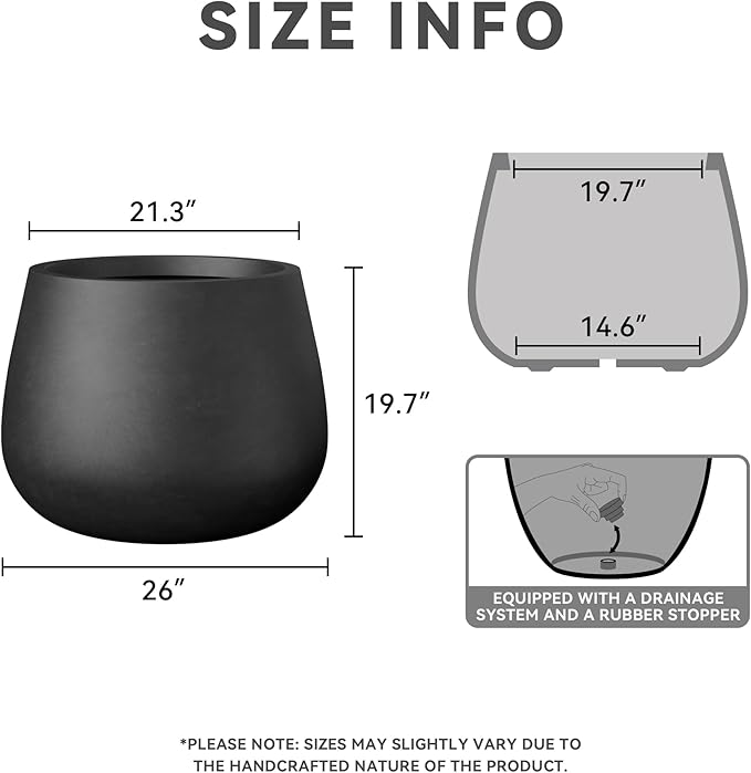 Kante Curva Series Planter, 21.3 Inch Round Concrete Plant Pot with Draiange Hole and Rubber Plug, Suitable for Indoor Plants, Home, Garden, Patio, Black