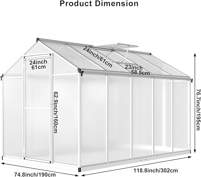 10X6.25 FT Aluminum Greenhouse for Outdoors, Heavy-Duty Metal Garden Greenhouses with Roof Vent and Quick Setup Structure, Metal Garden Greenhouse for Vegetables, Herbs & Outdoor Plants, Silver