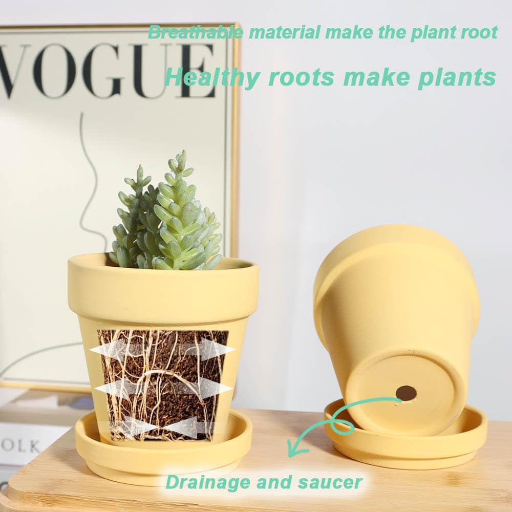 vensovo 6 Inch Yellow Terracotta & Clay Pots for Plant with Saucer - 4 Pack Medium Terra Cotta Planter with Drainage Hole, Flowerpot for Indoor Outdoor Plants, Crafts, Wedding Favor