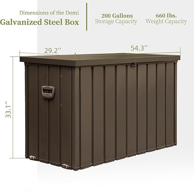 CHUNLY Metal Deck Box, 200 Gallon Outdoor Waterproof Storage Box w/Lockable Lids, Outside Bench w/Mobility Rollers, Patio Storage Bin for Furniture Cushions, Pool Supplies & Garden Tools (Dark Brown)