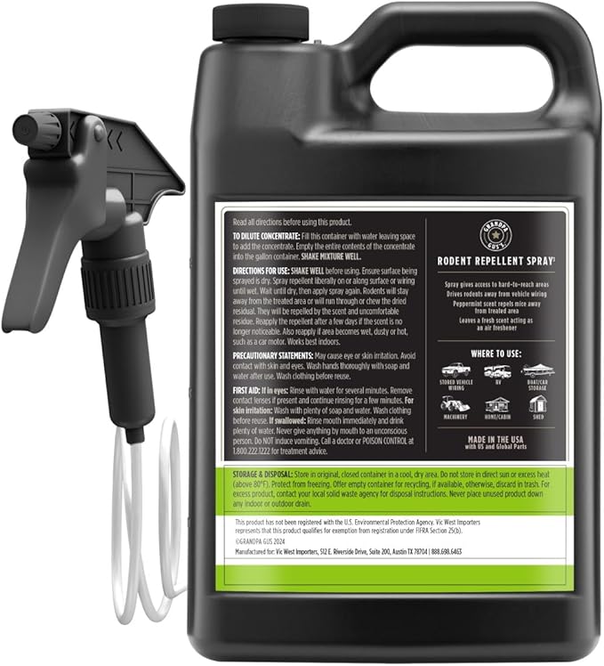 Grandpa Gus's Rodent Repellent Spray with Sprayer, Natural Peppermint & Cinnamon Oils Repel Mice and Stop Rats, 1 Gallon (Pack of 1)