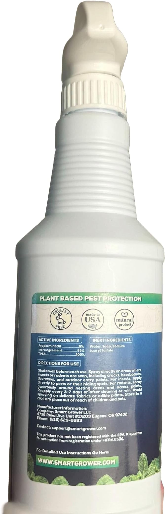 All Natural Peppermint Oil Insect & Pest Control Spray Repels Mice, Spiders, Ants, for Home, Indoor, Outdoor, Garden Maximum Strength Smart Grower Ready to Use 16 FL OZ