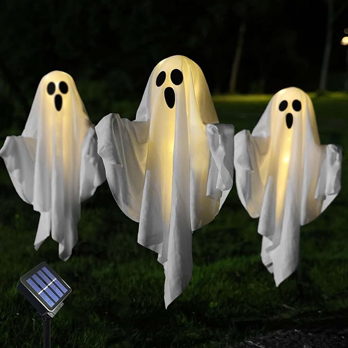 Solar Powered Halloween Decorations, 3 Pack Light Up Ghost Outdoor Path Pathway Kit Walkway Driveway Warm White Led Lights Solar Power Scary Yard Stakes Garden Lawn Decor