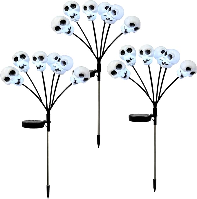 Set of 3 Halloween Skull Lights Outdoor Solar Pathway Lights with 18 Cool White LEDs for Garden Yard Lawn Patio Decorations