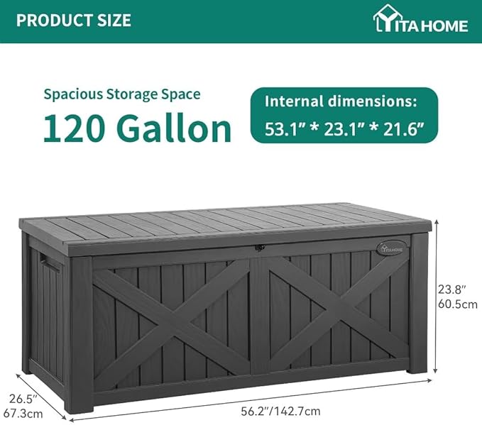 YITAHOME 120 Gallon Large Outdoor Storage Box with X-Shaped Front, Waterproof Resin Deck Box Cushion Storage Bench for Patio, Pool Supplies, Garden Tools - Lockable, Dark Gray