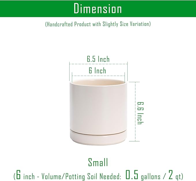D'vine Dev 6.5 Inch Ceramic Planter Pot with Drainage Hole and Saucer, Indoor Cylinder Round Planter Pot, Oatmeal, 94-O-C-8