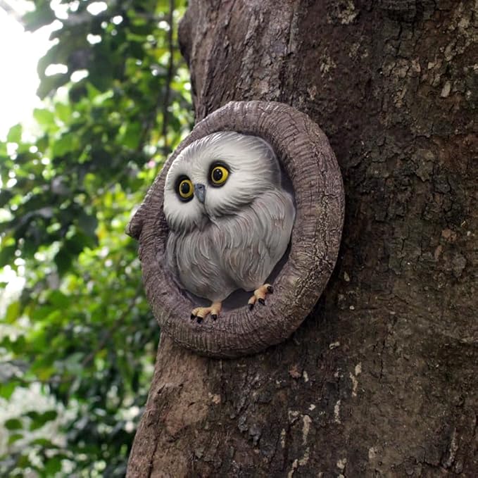 Baby Owl Resin Tree Faces, Whimsical Owlet Hugger Sculpture, Outdoor Garden Ornament for Yard Lawn Patio Porch, Tree Decor Unique Garden Gift, Durable Waterproof Resin Statue
