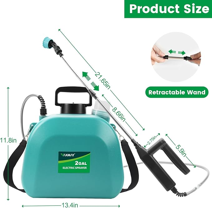 Battery Powered Sprayer 2 Gallon, 2025 Upgrade Electric Sprayer with 3 Adjustable Speed, Battery Indicator, 4 Mist Nozzles, Rechargeable Retractable Wand with Adjustable Shoulder Strap for Lawn Garden