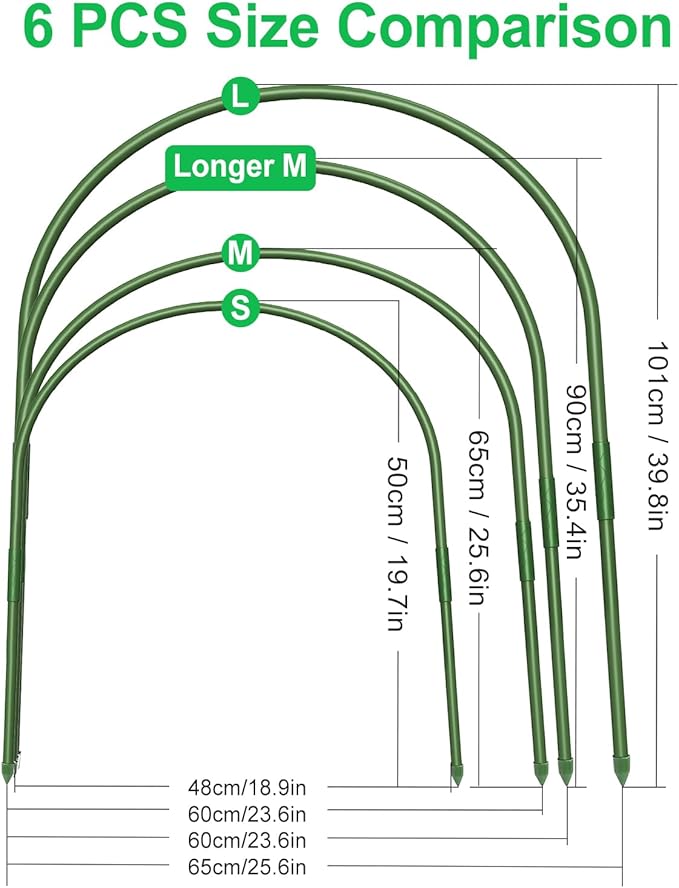 FOTMISHU 6Pcs Greenhouse Hoops, 23.6" x 25.6" Garden Hoops Rust-Free Grow Tunnel 4.9ft Long Steel with Plastic Coated Support Hoops Frame for Garden Fabric, Plant Support Garden Stakes