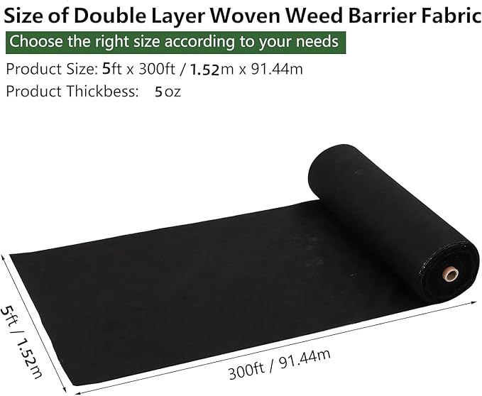 PioneerWorks Woven Landscape Fabric 5oz, 5 x 300FT Weed Fabric Barrier, Double Layer, Weed Control Fabric Ground Cover, Garden Fabric Weed Barrier, Gardening Mat for Garden Beds, Landscap