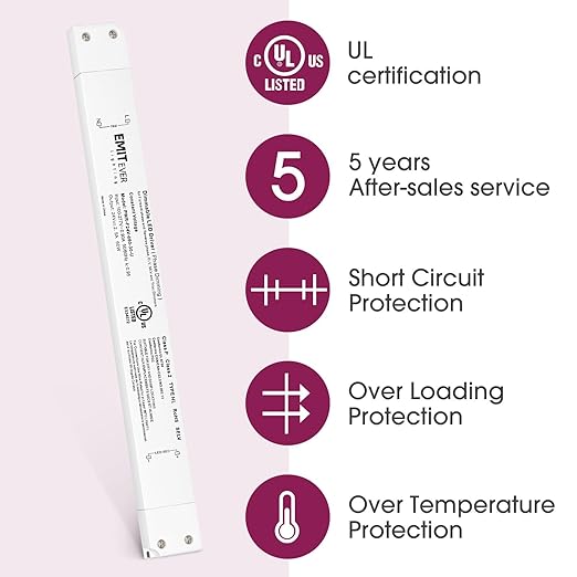 EMITEVER 60W Slim Triac Dimmable LED Driver,100-277V AC to 24V DC Power Supply,0-100% Dimming Transformer for LED Lights,Compatible with Lutron and Leviton Dimmers,Class 2,UL Listed