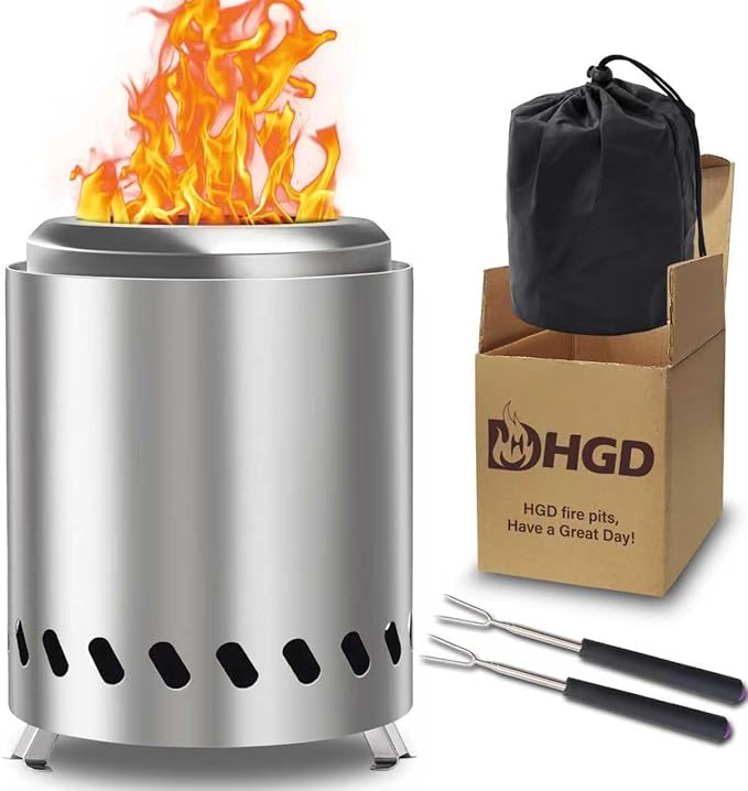 HGD Small Tabletop Fire Pit 8.0 x 5.5 in, Portable Mini Smokeless Table Top Firepit, Low Smoke Camping Stove for Outdoor/Patio, with Travel Bag & Forks, Fueled by Pellets/Wood, Stainless Steel, Silver