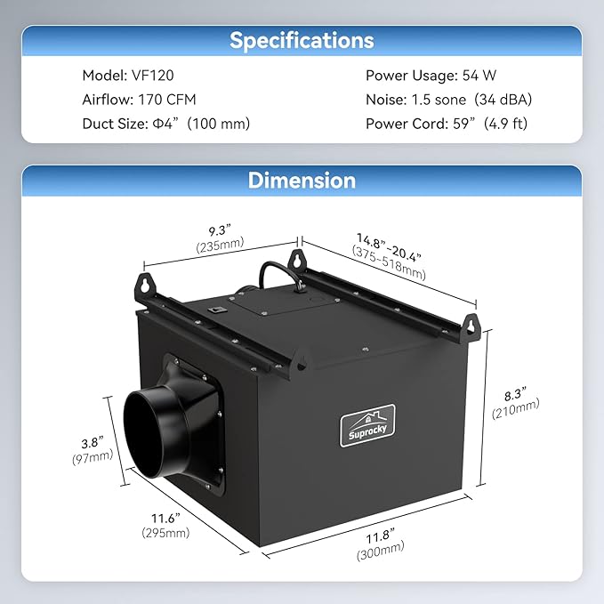 170CFM Ultra Quiet In Line Fan, Remote Mount Exhaust Ventilation Fan for Bathroom, Kitchen, Garage and Residential Applications, Black