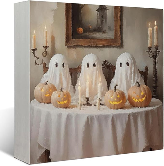 Mtrgdn Cute Halloween Decor,Halloween Decorations Indoor,Ghost with Pumpkin Desk Decor Wooden Box Sign,Halloween Home Office Kitchen Bathroom Bedroom Coffee Bar Table Shelf Wall Decorations,5x5 Inch