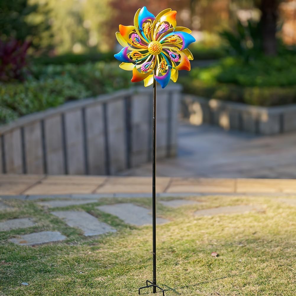 DREAMSOUL 13" Dia Wind Spinners Outdoor with 4 Prong Stakes, Kinetic Metal Wind Spinners for Yard and Garden Decor (52 * 13 Inches)