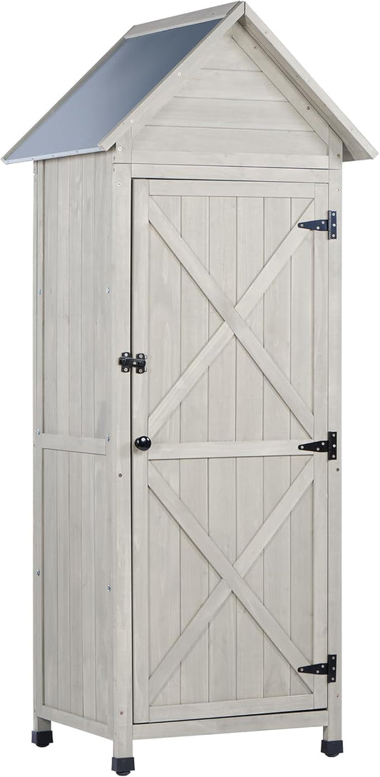 Wooden Outdoor Storage Cabinet,Tall Vertical Garden Tool Shed with Waterproof Metal Roof & Adjustable Feet – Perfect for Yard, Patio, Lawn & Deck (Gray, 22" x 26" x 67")