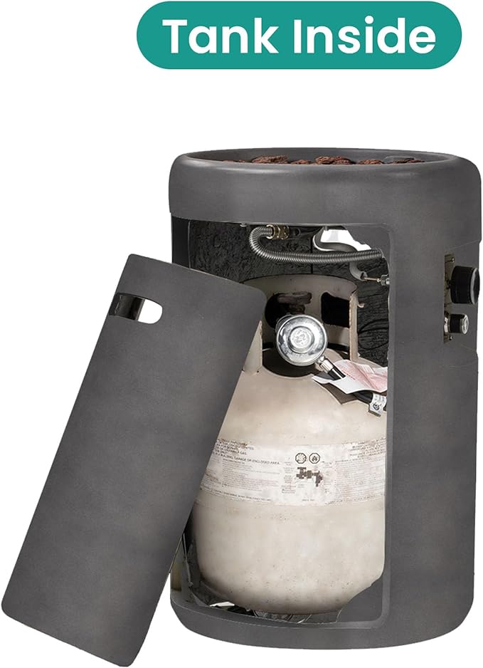 SUNBURY Outdoor Propane Fire Pit, Stone Like Fire Pit Table with Glass Wind Guard, Waterproof Cover, 40000BTUS Small Column Firepit Garden Lighting, CSA Certified (Grey)