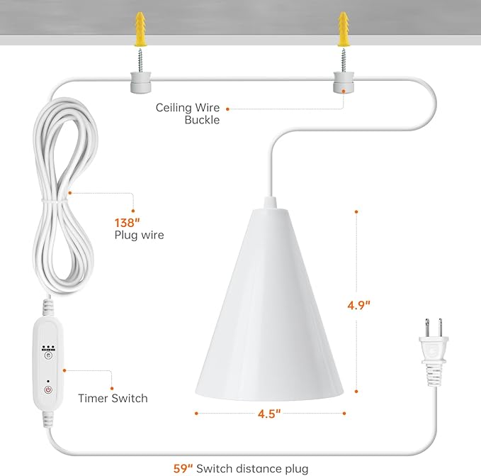 Hanging Grow Light, 25W Full Spectrum Plant Lights for Indoor Plants, 16.4FT Power Cord, 5000K with Timer Function