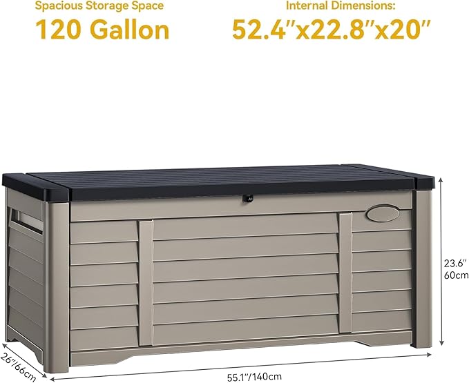 DWVO Large Deck Box 120 Gallon Waterproof Outdoor Storage Box, Extra Large Outdoor Bin, Resin Louvered Patio Storage for Pillows, Garden Tools & Pool Supplies, Lockable, Black&Brown
