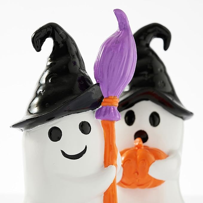 WDS WONDROUS Halloween Decor Ghost Figurines Set of 2 – White Ghosts Decor with Black Witch Hats and Broom&Pumpkin – Resin Cute Ghost Decoration Indoor Table Decor for Shelf Tiered Tray Home