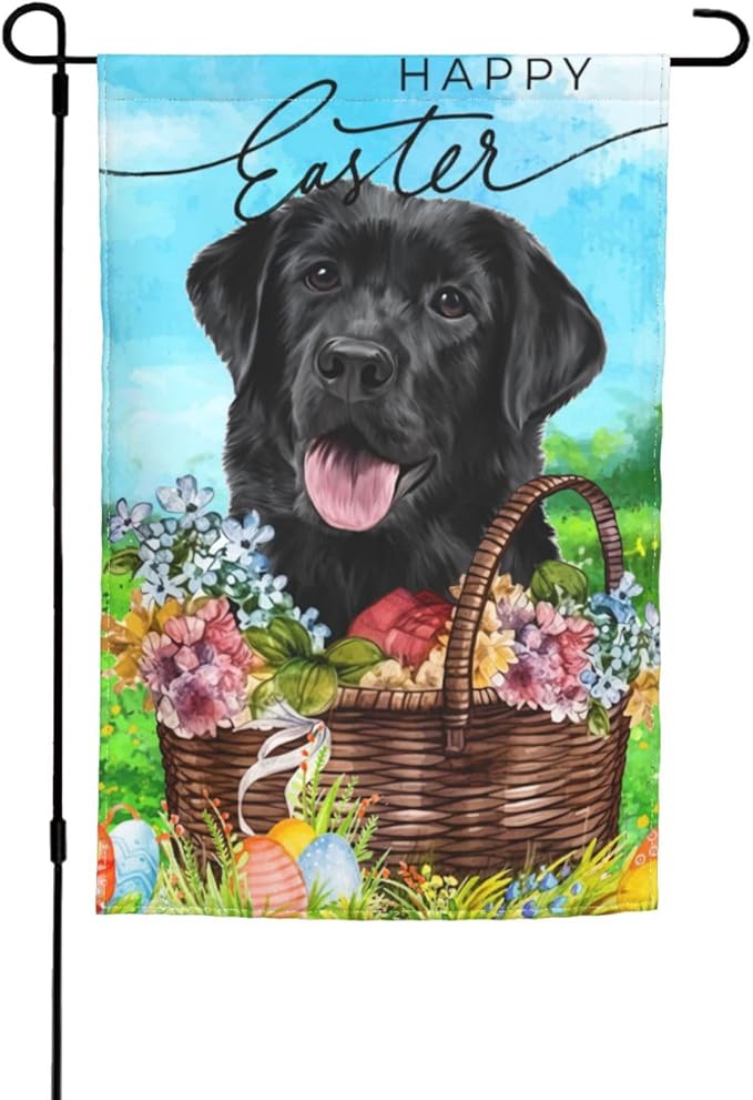 Happy Easter Labrador Dog Lab Black Flower Egg Garden Flag Welcome Party Outdoor Outside Decorations Picks Home House Garden Yard Decor 12x18 Inch