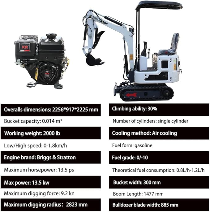 Mini Excavator for 1 Ton B&S Engine with Hydraulic Thumb Clamp,Standard Bucket,Broken Hammer,Ripper, Mud Bucket, Rake, Auger, Quick Change Attachments (W 6 attachments)