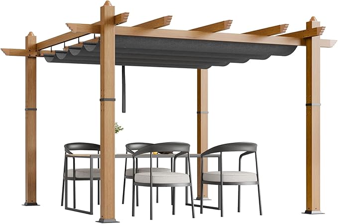 10x10 Ft Outdoor Retractable Pergola with Adjustable Roof Modern Metal Patio Gazebo, Upgraded Faux Wood Grain Aluminum Pergola for Deck, Backyard Gardens, Porches, Grapevines, Grey
