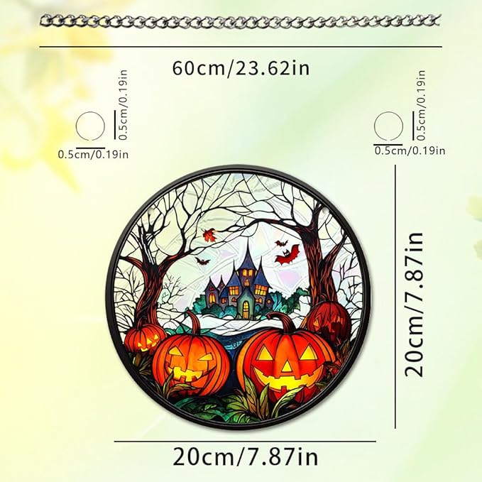Halloween Sun Catcher - 8 Inch Round Suncatcher for Window Hanging Decoration - Creates Indoor Rainbows Light Refraction - Spooky Ghost, Witch, Pumpkin Design - Suction Cup Hook & Chain