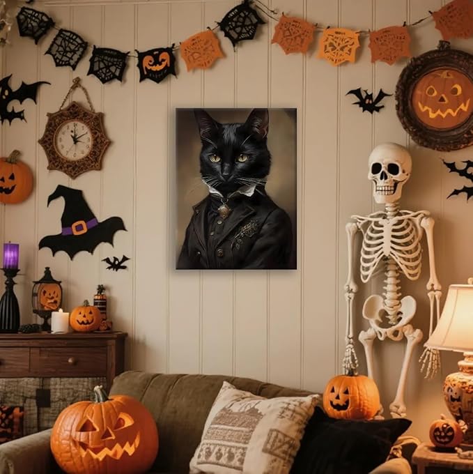 Black Cat Canvas Framed Wall Art Poster 11.5x15 Inch - Gothic Bathroom Decor, Dark Academia Home & Room Wall Decor Posters for Apartment, Cat Lover Gifts, Halloween Decorations