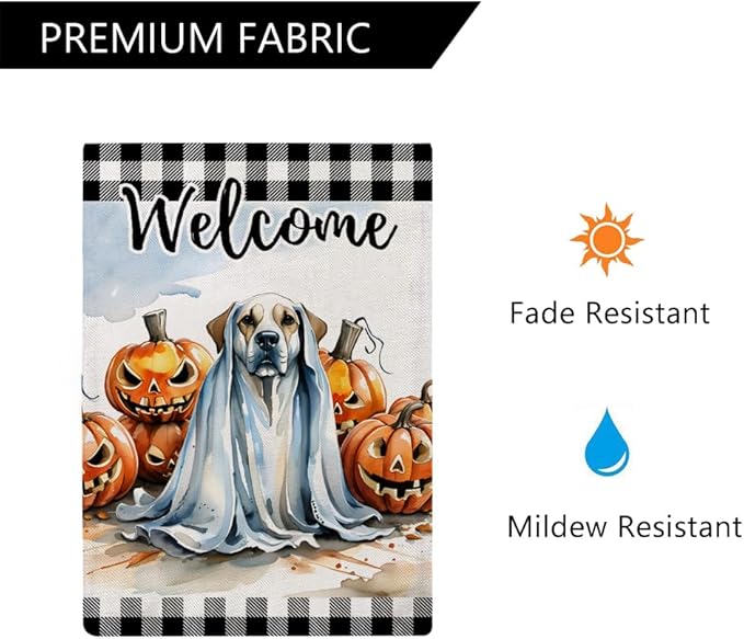 Ghost Dog Garden Flag with Jack O'Lantern Pumpkins Design Double Sided Farmhouse Welcome Decorative Small Burlap Flags 12.5 x 18 Inch for Outdoor Halloween Decor (Black)