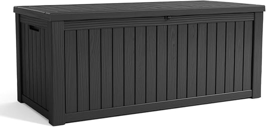 ROJIK Outdoor Storage Housing Deck Box - Waterproof Patio Furniture, Garden Tools, Cushions, Pool Accessories Storage Bench with Lockable Lid and Side Handles (Black, 180 Gal)