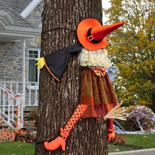 53" Crashing Witch Halloween Decoration – Funny Orange Flying Witch Hanging Prop for Yard, Tree, Porch, Patio, and Fall Outdoor Decor