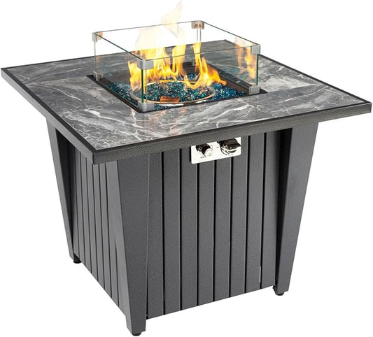 32'' Propane Fire Pit Table, Marble Tile Ceramic Tabletop with Glass Wind Guard, 50,000 BTU Fire Table with Inclined Leg and Art Powder Design, Blue Glass Rocks, Including Lid&Cover, Grey