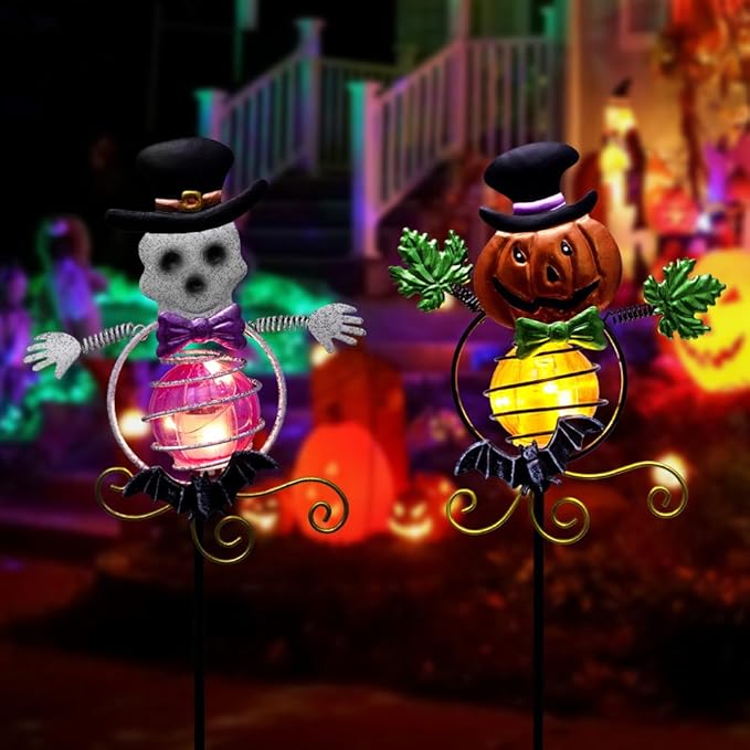 Solar Halloween Decorations Outdoor,2 Pack Pumpkin＆Skull Halloween Metal Yard Stakes,Solar Yard Signs Decorative Garden Stakes for Outside Lawn Patio Pathway