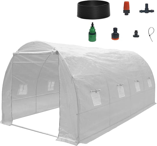 13x8.2x6.5 Ft Walk-in Greenhouse Tunnel, Heavy-Duty Portable Greenhouse with Watering System, Roll-up Zipper Door and Window, PE Cover, White