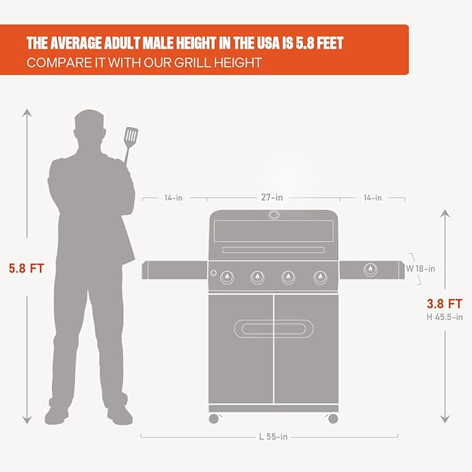 Monument Grills 4+1 Outdoor Barbecue Stainless Steel 4 Burners & 1 Side Burner Propane Gas Grill, 52,000 BTU Patio Garden Barbecue Grill with Knob Controls, Mesa425, Black
