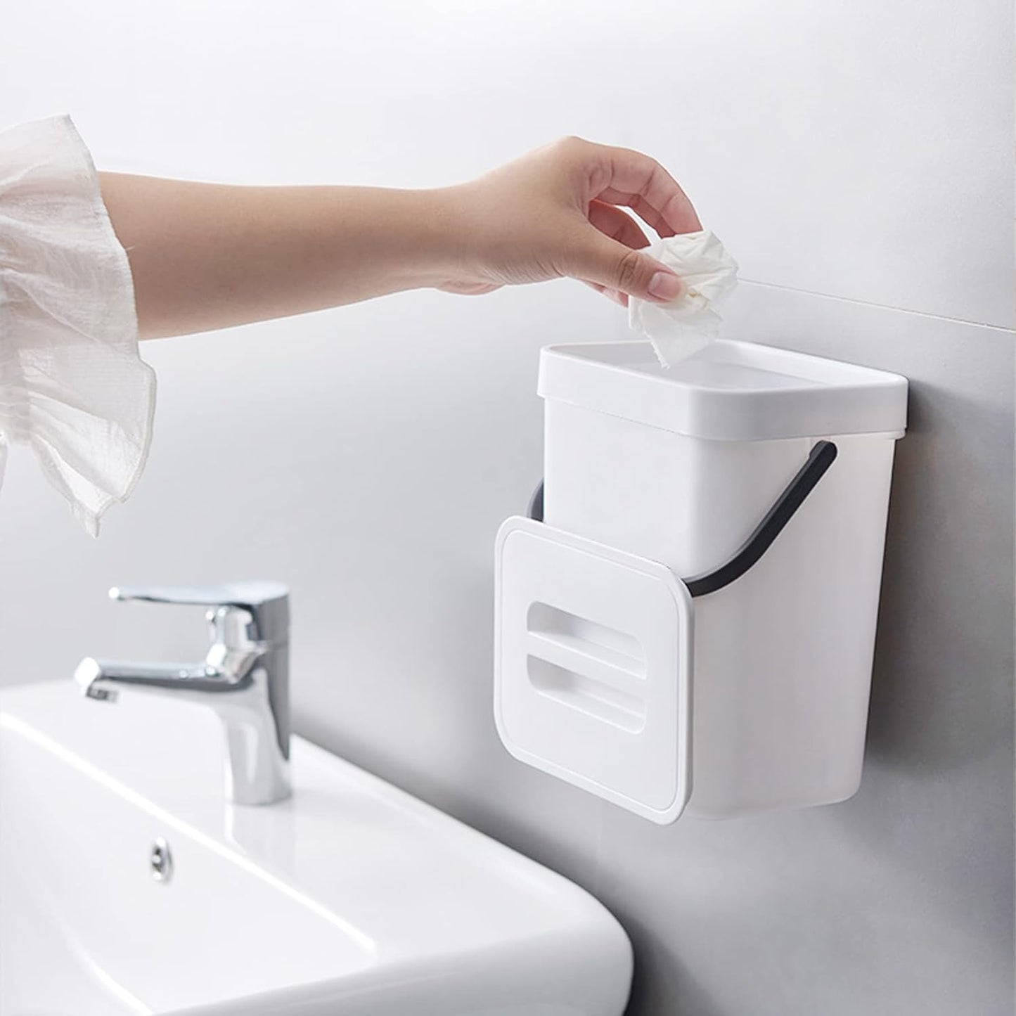 Domiella 2 Pack 1.3 + 0.8Gal Hanging Small Trash Can with Lid, Kitchen Compost Bin for Counter Top Under Sink, Sealed Food Waste Bin, Mountable Indoor Compost Bucket for Cupboard/Bathroom (White)