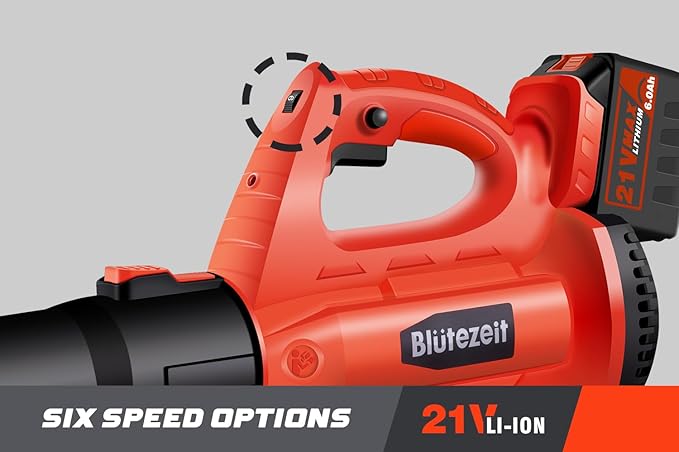 Blütezeit Cordless Leaf Blower, 21V Battery Powered Leaf Blower (6.0Ah Battery & Charger Included), 400CFM Electric Lightweight Blower for Lawn Care with 6 Speeds Adjustable