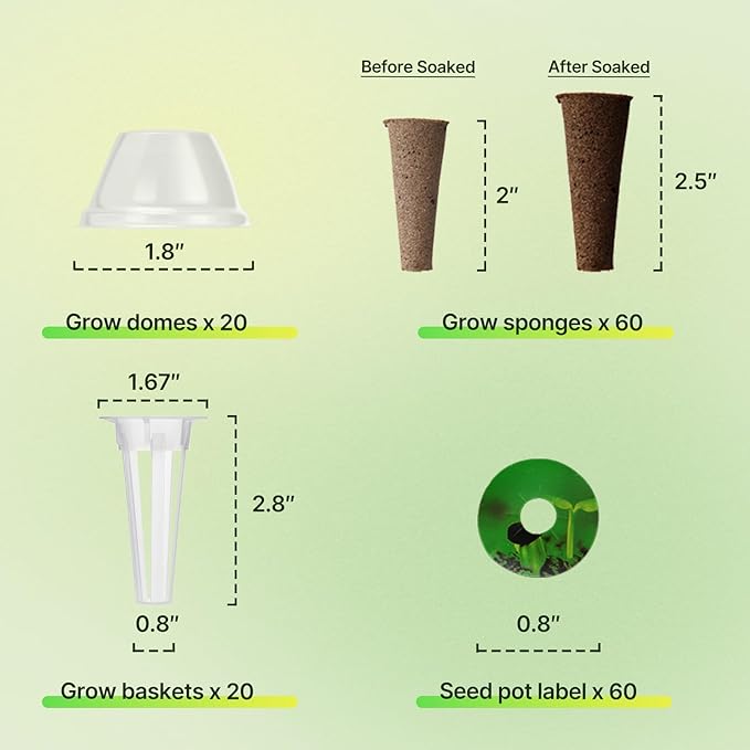 160pcs Hydroponic Pods, Accessories Compatible with Suncoze & Other Hydroponics Growing Systems, Gardening Supplies Garden Pods Include 60 Grow Sponges, 20 Grow Baskets, 20 Domes, 60 Labels