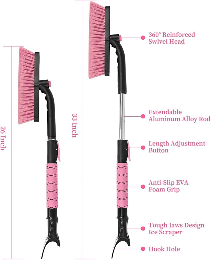 SEAAES 33 Inch Snow Brush and Ice Scraper for Car Windshield, Extendable Snow Scraper and Brush with Foam Grip for Truck SUV Vehicle Window - Pink