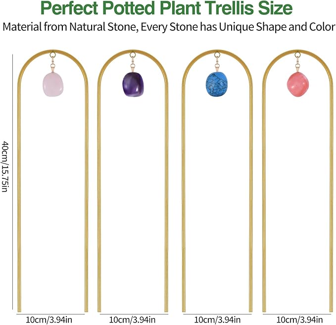 Plant Trellis for Climbing Plants, 15.75 inch Garden Small Metal Arch Glod Trellis for Potted Plants Indoor Outdoor with Natural Stone Decor for Vine Ivy Flower Support 4 Pack