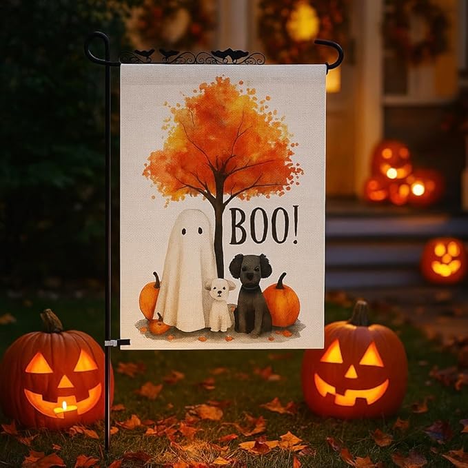 Happy Halloween Garden Flag – Ghost with Dogs and Pumpkins Design, 12x18 Double Sided Burlap Yard Flag for Fall Outdoor Decoration, Weatherproof
