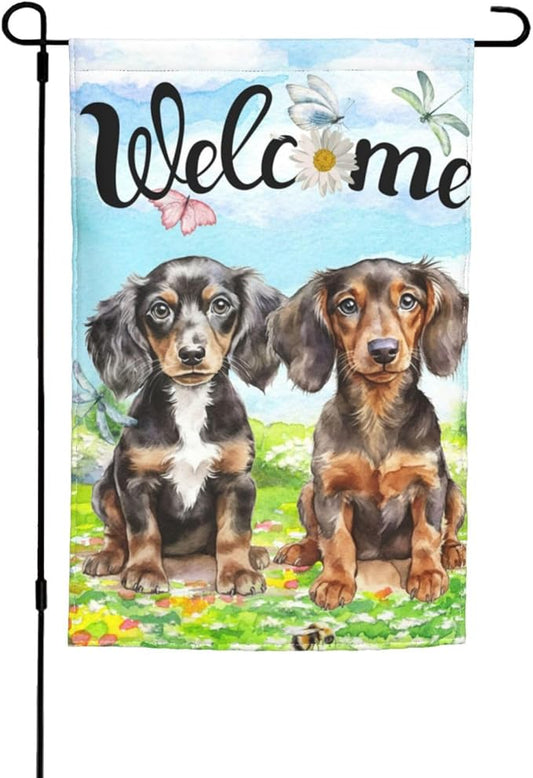 Cute Dachshund Dog Puppy Lovers Spring Flowers Florals Garden Flag Welcome Party Outdoor Outside Decorations Picks Home House Garden Yard Decor 12x18 Inch