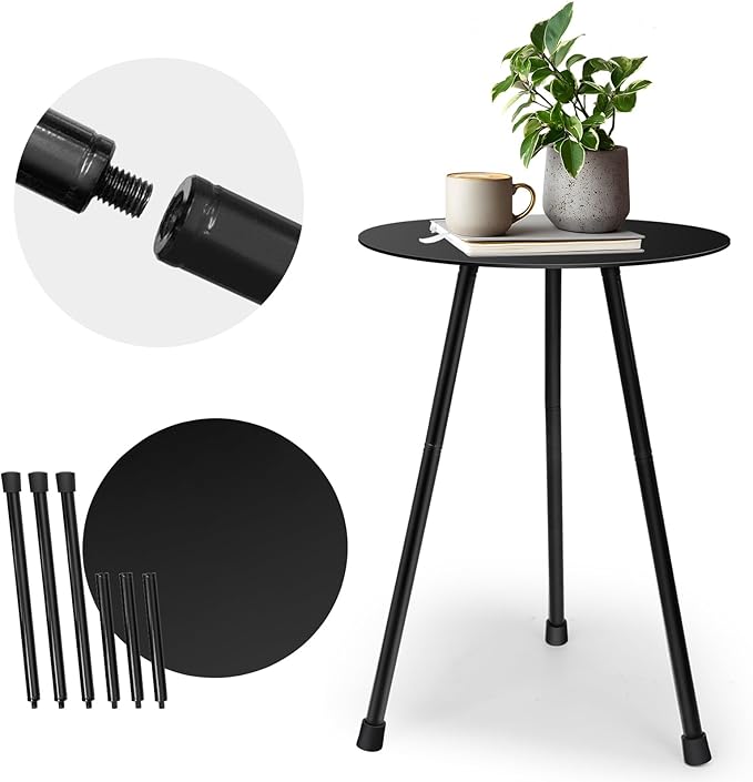 Metal Outdoor Side Table, Adjustable Height Round Side Table Weather-Resistant, Black Bistro Camping Tent Beach Table, End Table for Small Spaces, Balcony, Patio, Camping, Garden, Indoor, 12.2"