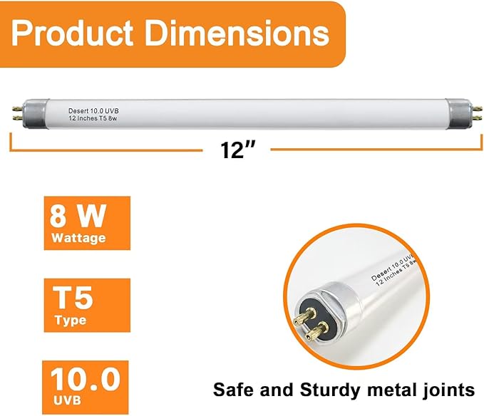 T5 10.0 UVB Reptile Light Bulb 8W 12 Inch, Desert Reptile UVB Bulb 8 Watt for Lizards, Bearded Dragons, Chameleons, Turtles, Tortoises 3 Pack